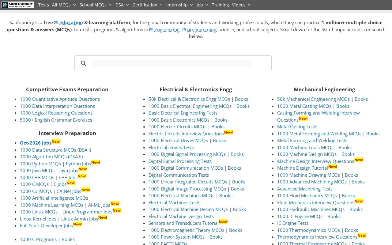 Sanfoundry homepage screenshot