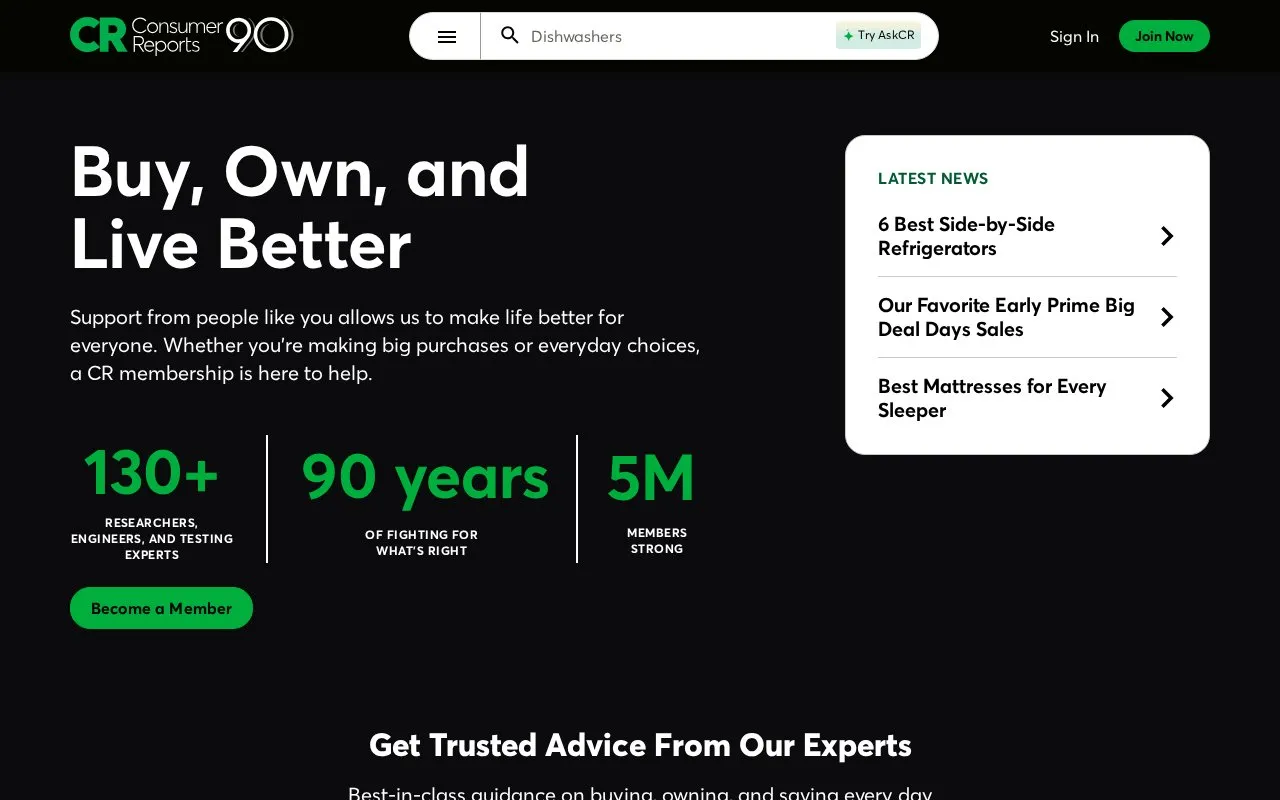 Consumer Reports homepage screenshot