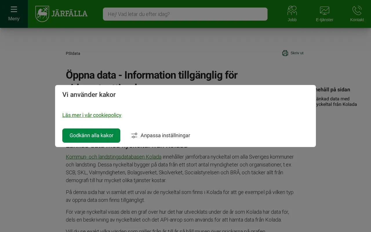 Järfälla Municipality Open Data portal homepage screenshot