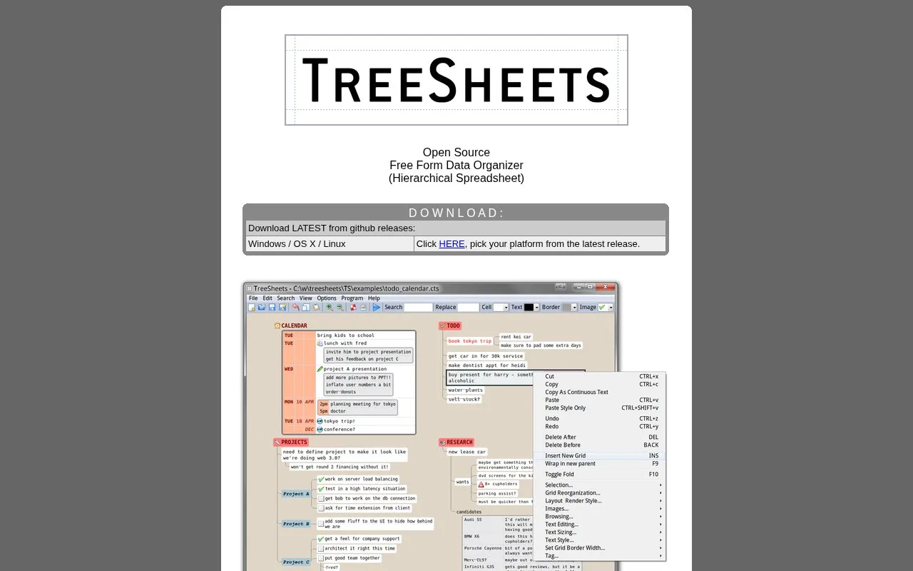Tree Sheets homepage screenshot