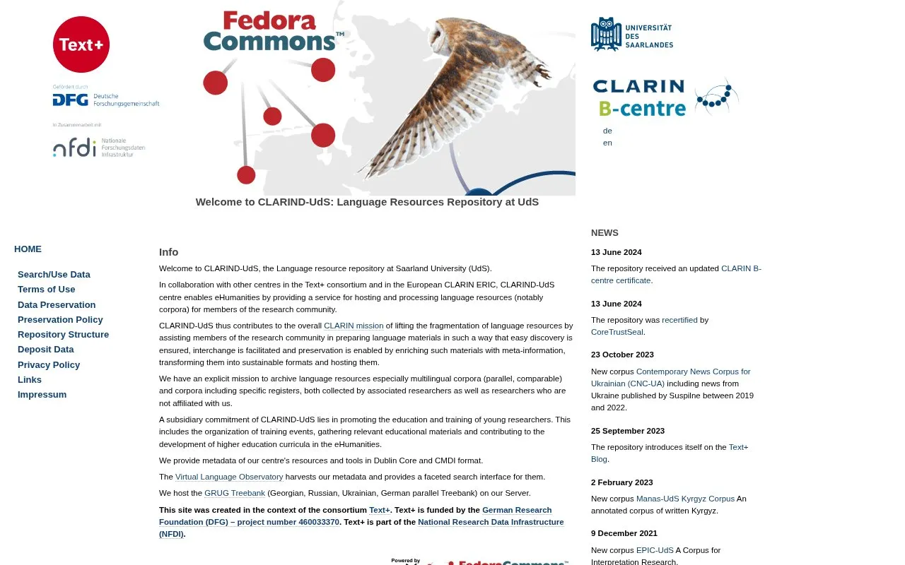 CLARIND-UdS: Language Resources Repository at UdS homepage screenshot