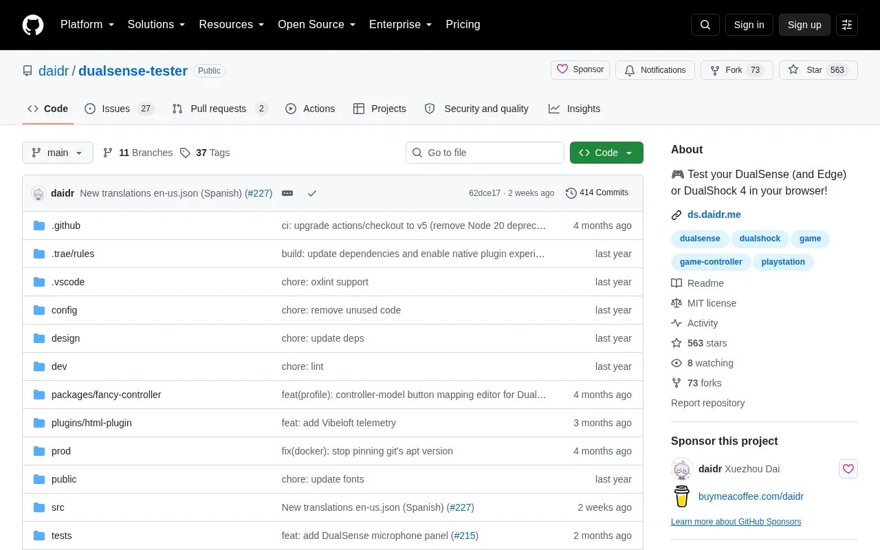 Dualsense Tester homepage screenshot