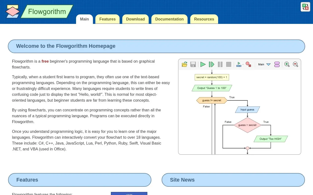 flowgorithm homepage screenshot