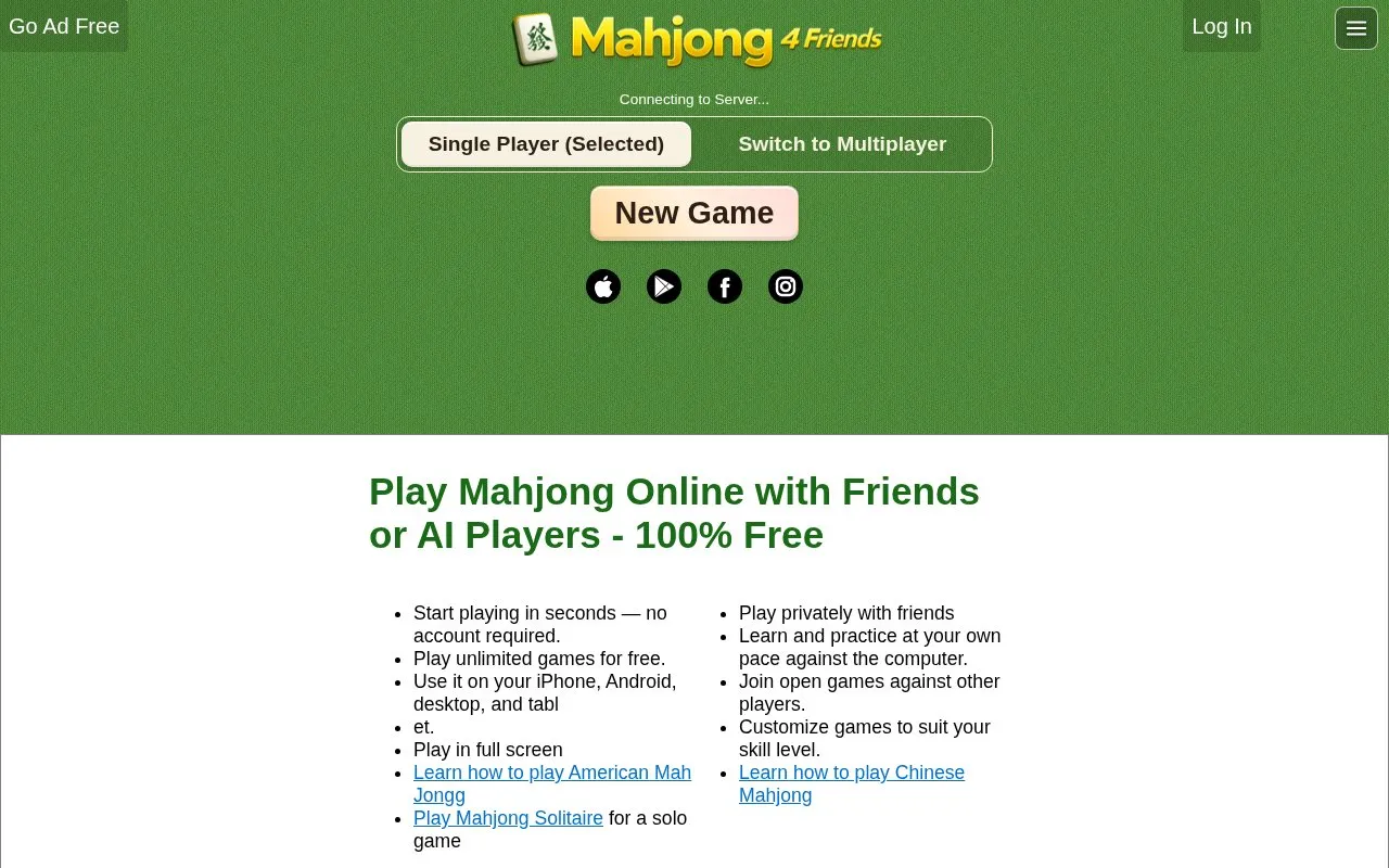 Mahjong 4 Friends homepage screenshot