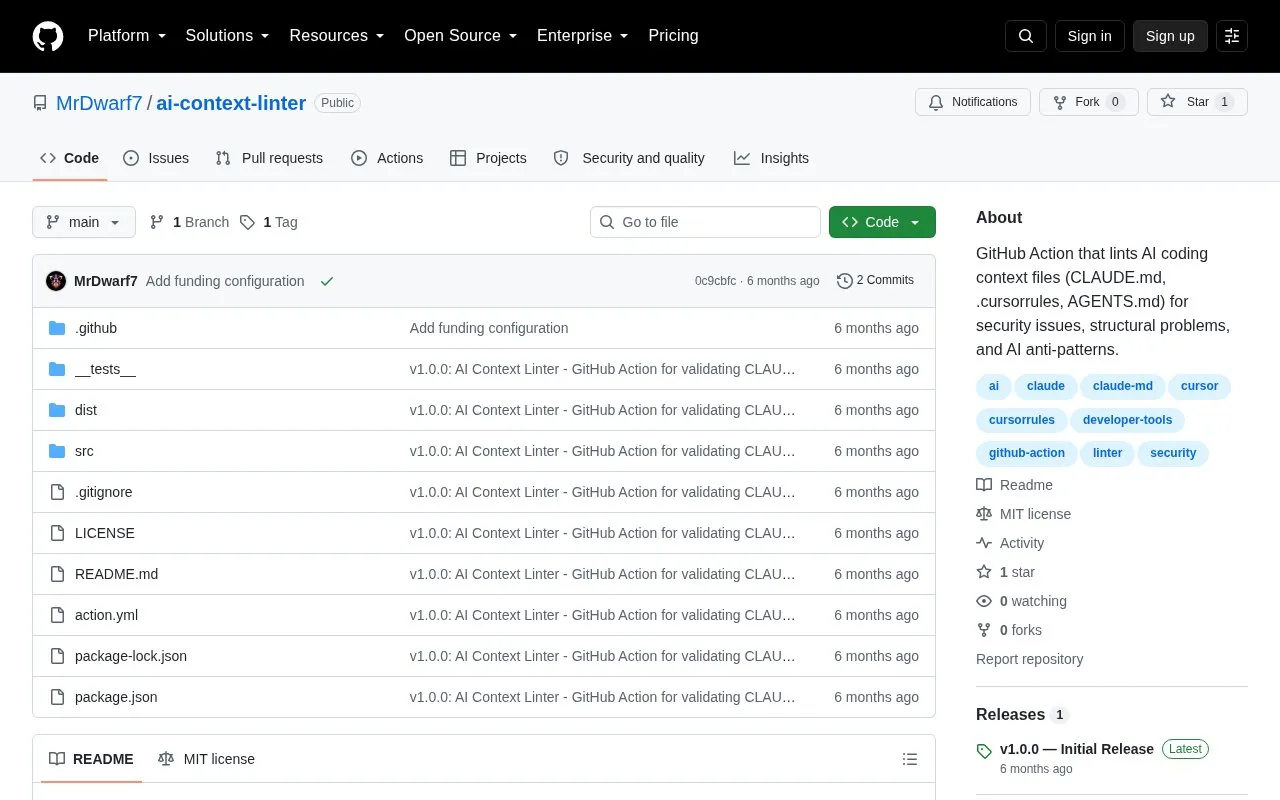 AI Context Linter homepage screenshot