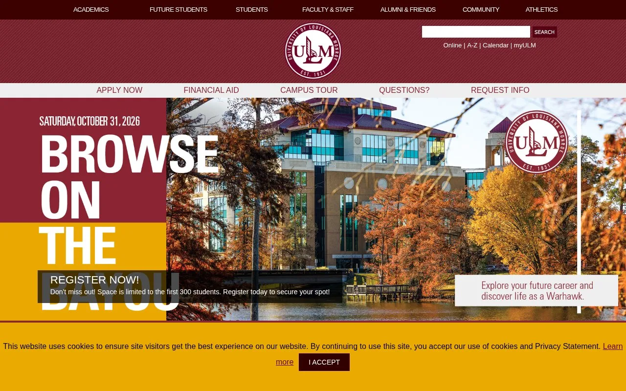 University of Louisiana at Monroe homepage screenshot
