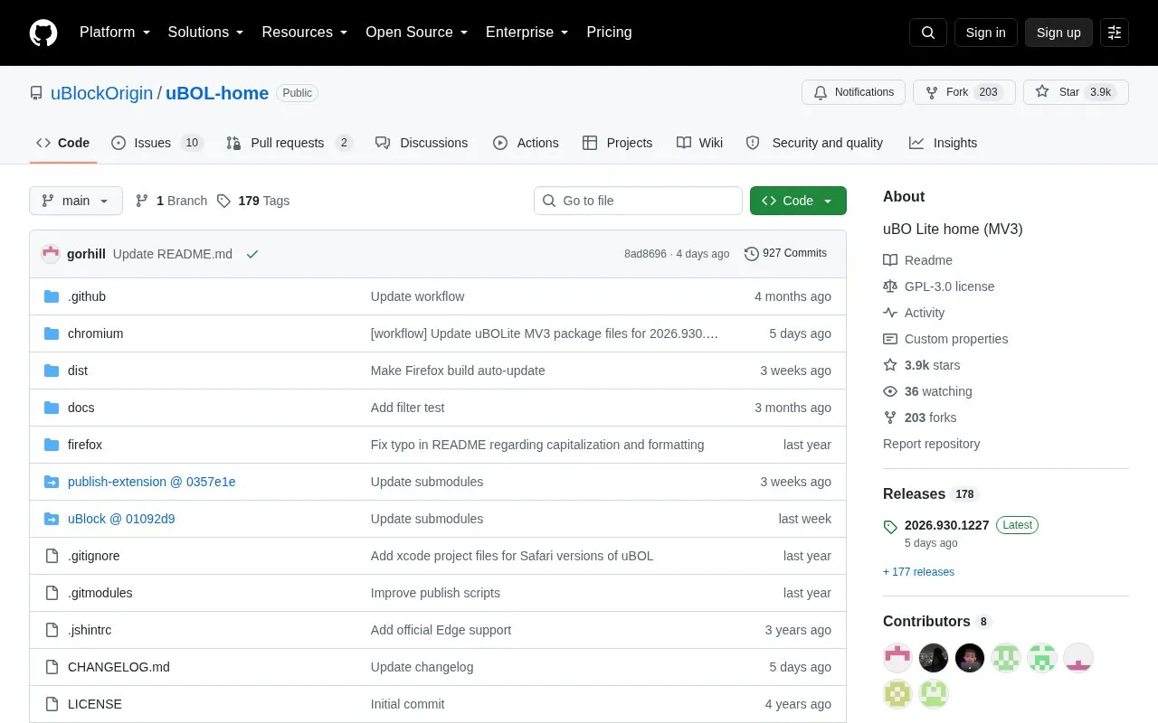 uBO Lite homepage screenshot