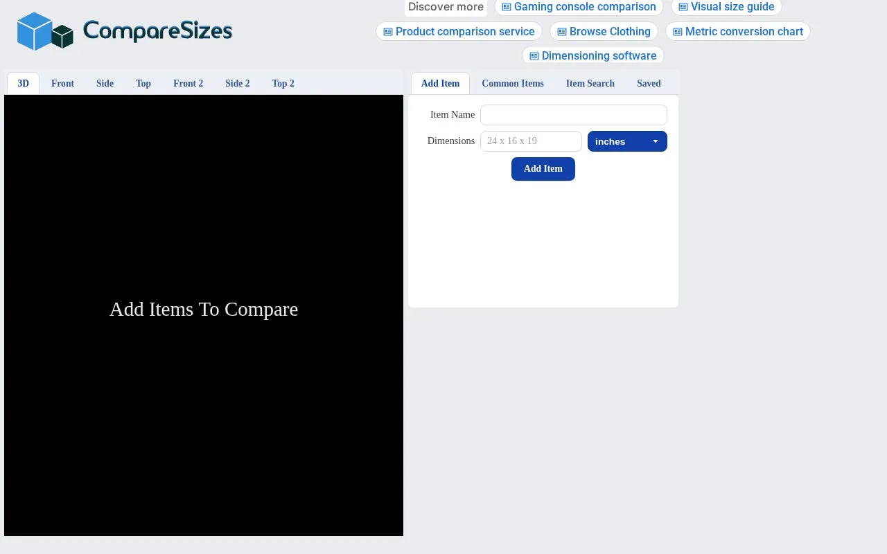 Compare Sizes homepage screenshot