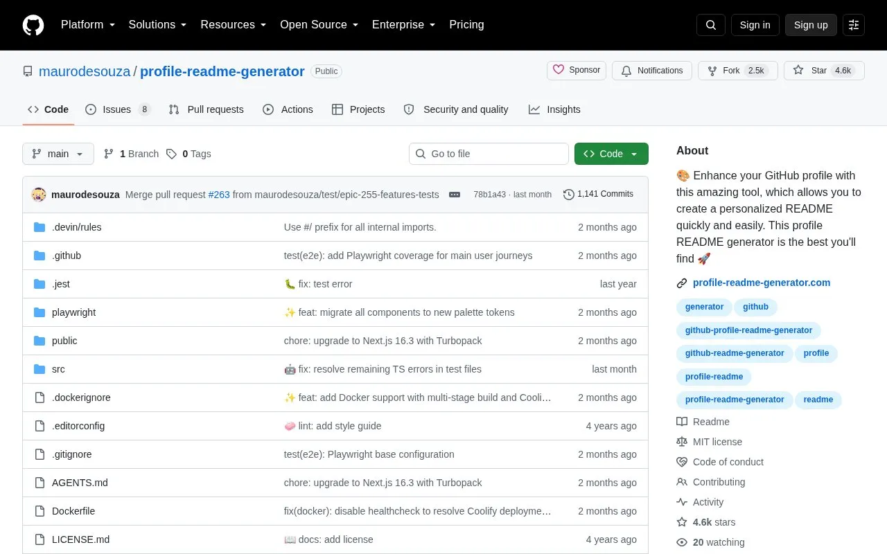 Profile Readme Generator homepage screenshot