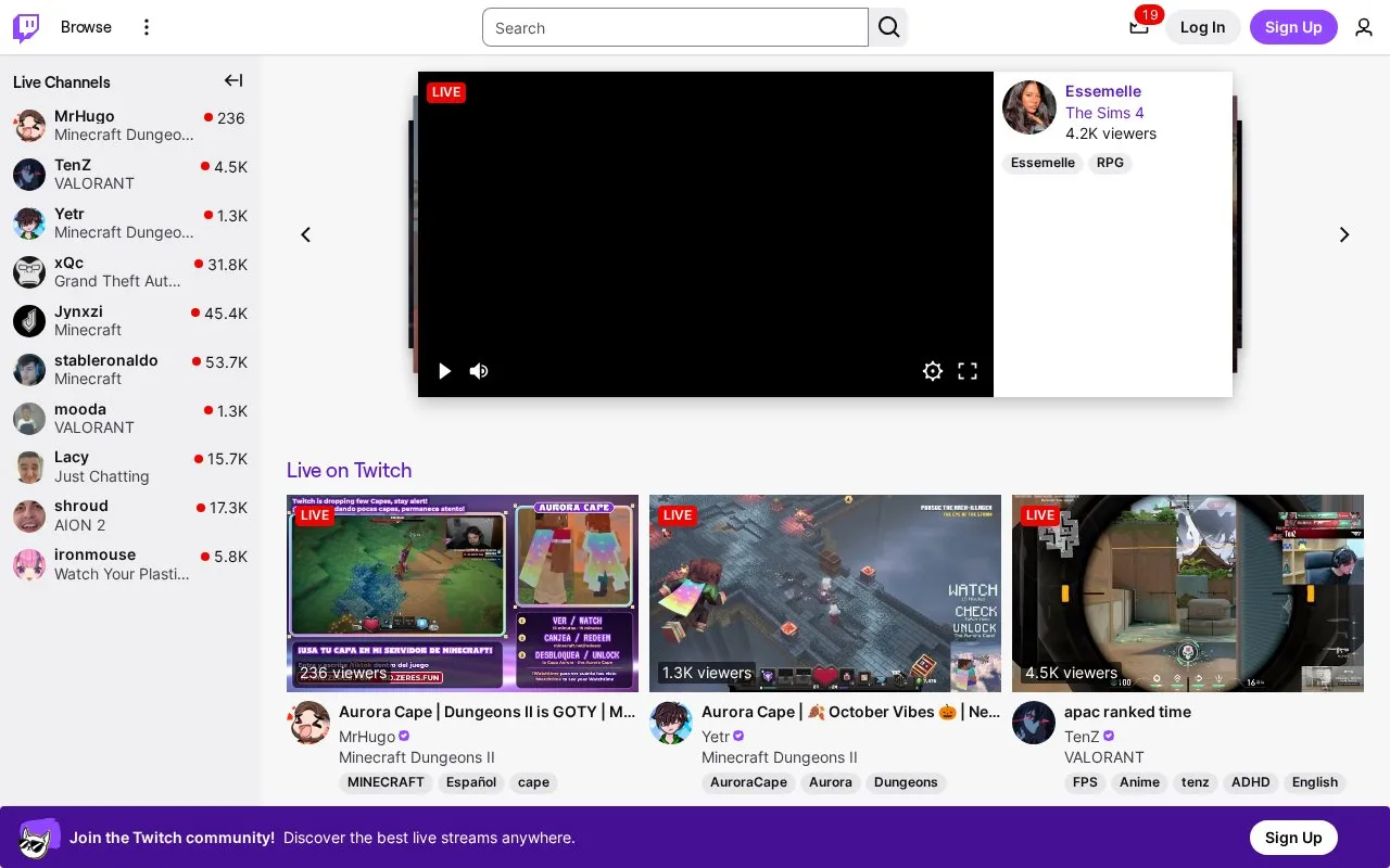 Twitch homepage screenshot