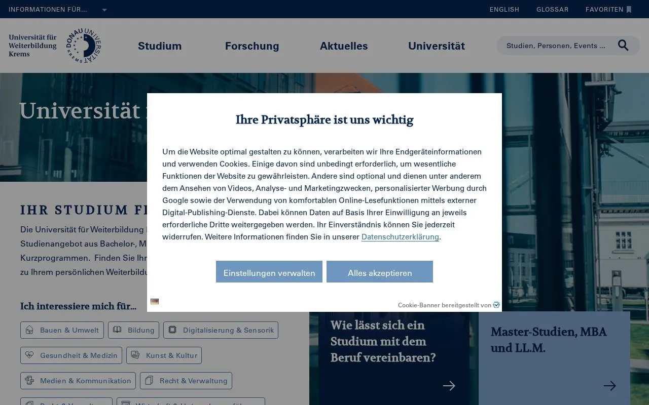 Donau Universitat Krems homepage screenshot