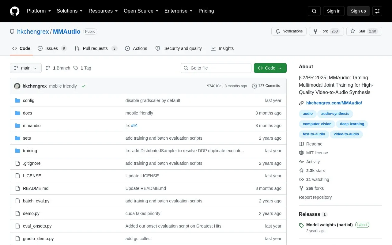 Mmaudio homepage screenshot