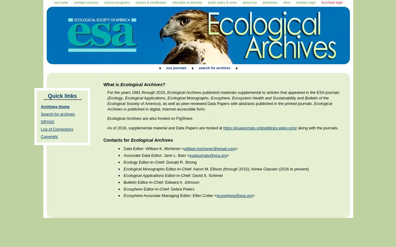 Ecological Archives homepage screenshot