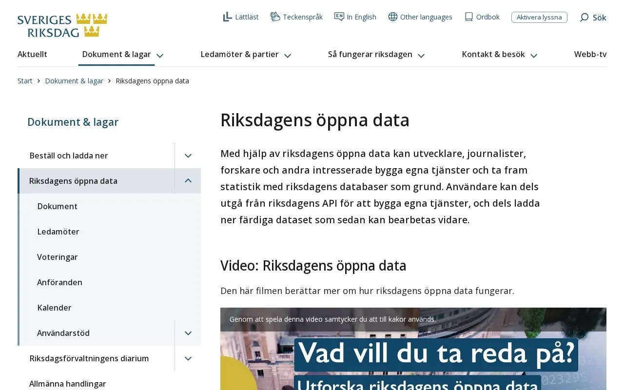Swedish Parliament database homepage screenshot