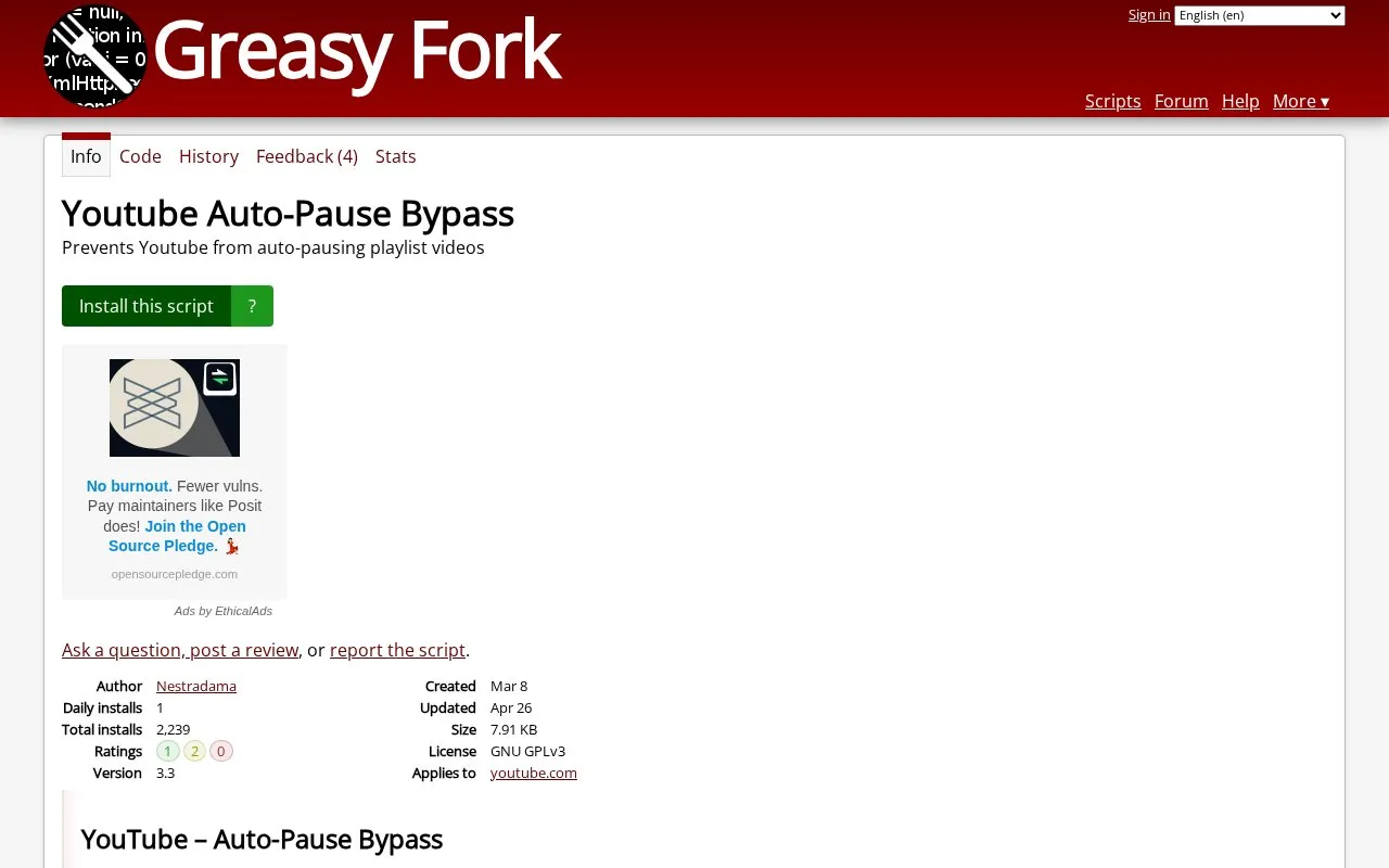 YouTube Auto-Pause Bypass homepage screenshot