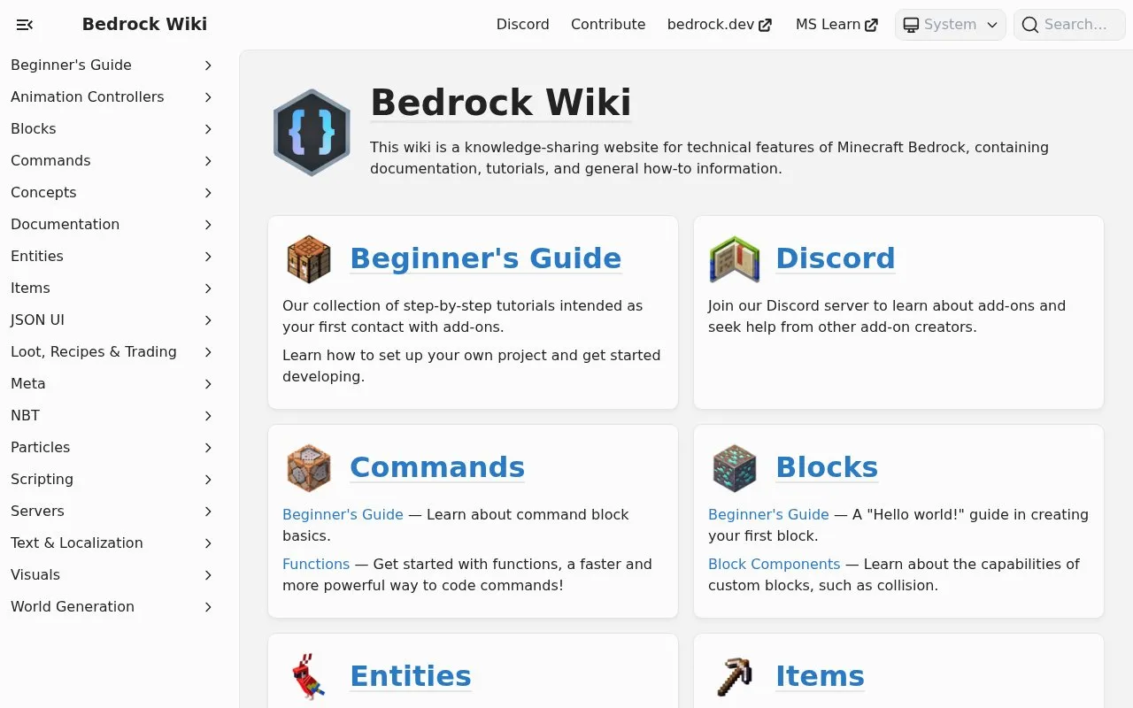 Bedrock Wiki homepage screenshot