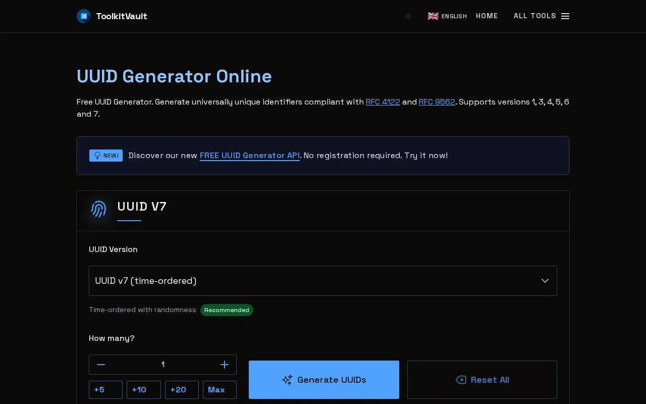 UUID Generator homepage screenshot