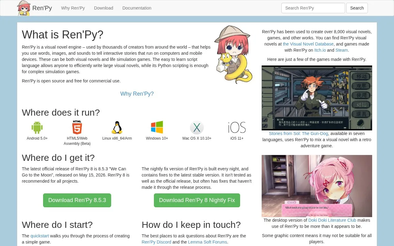 RenPy homepage screenshot