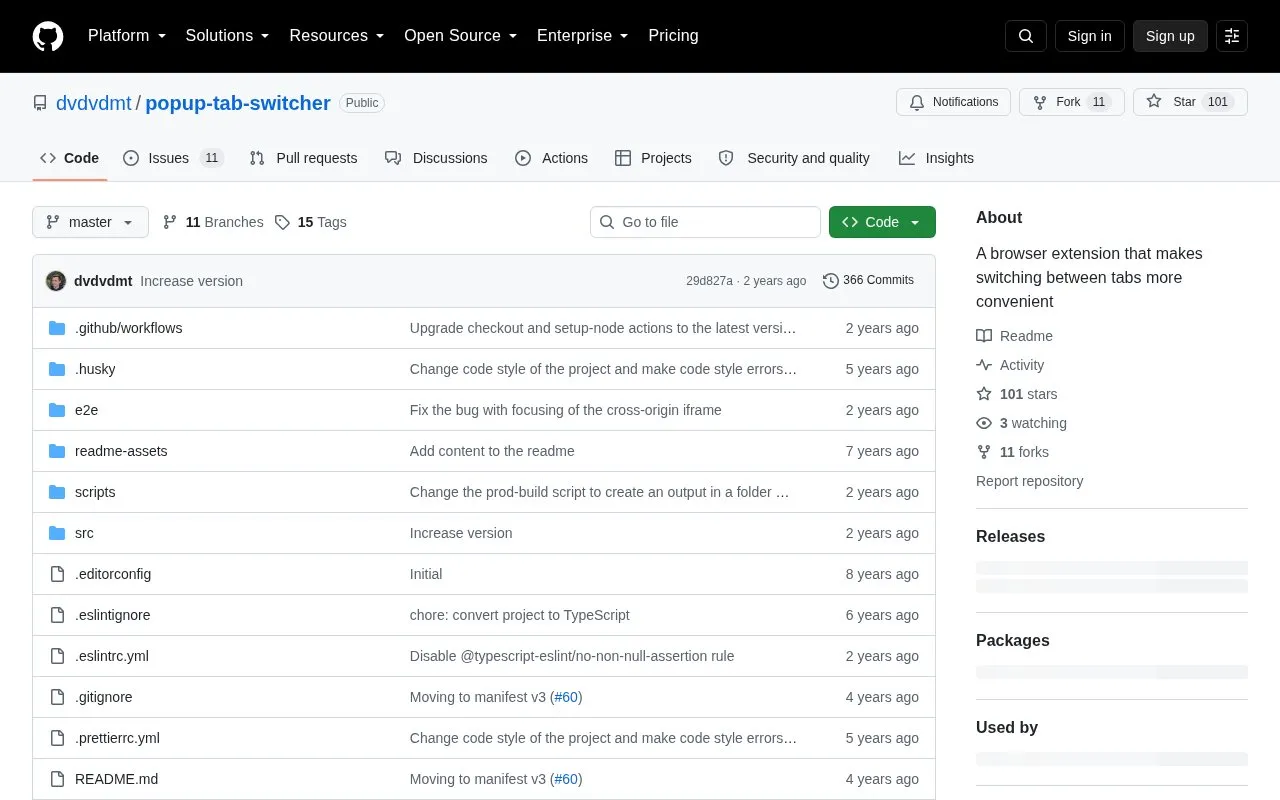 Popup Tab Switcher homepage screenshot