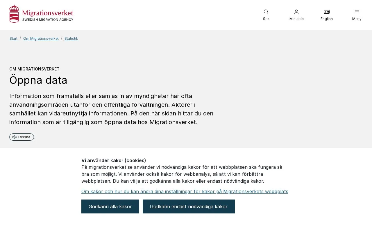 open data of the Swedish Migration Board homepage screenshot