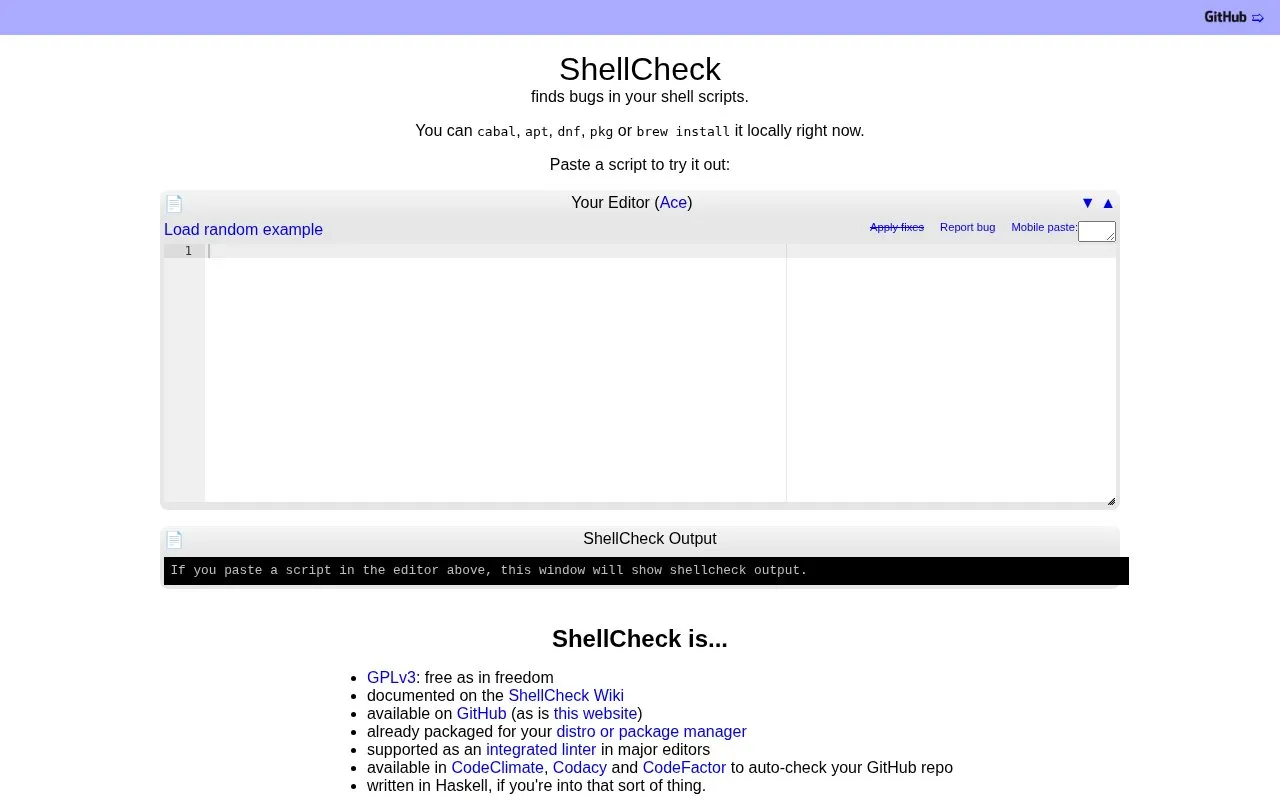 ShellCheck homepage screenshot