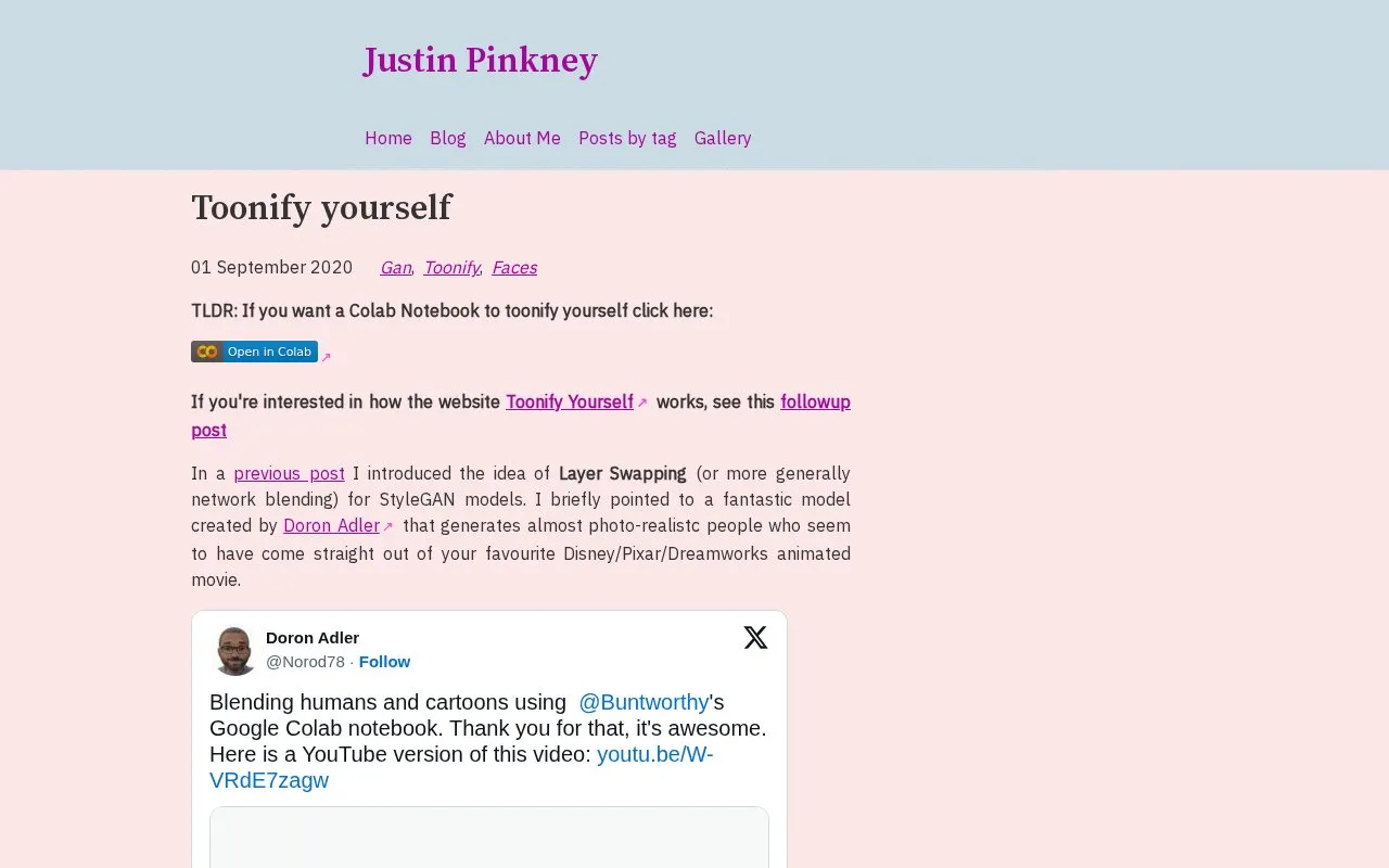 Toonify yourself by Justin Pinkney homepage screenshot