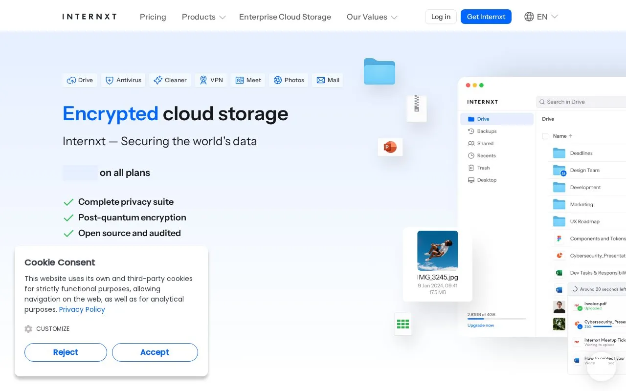 Internxt homepage screenshot