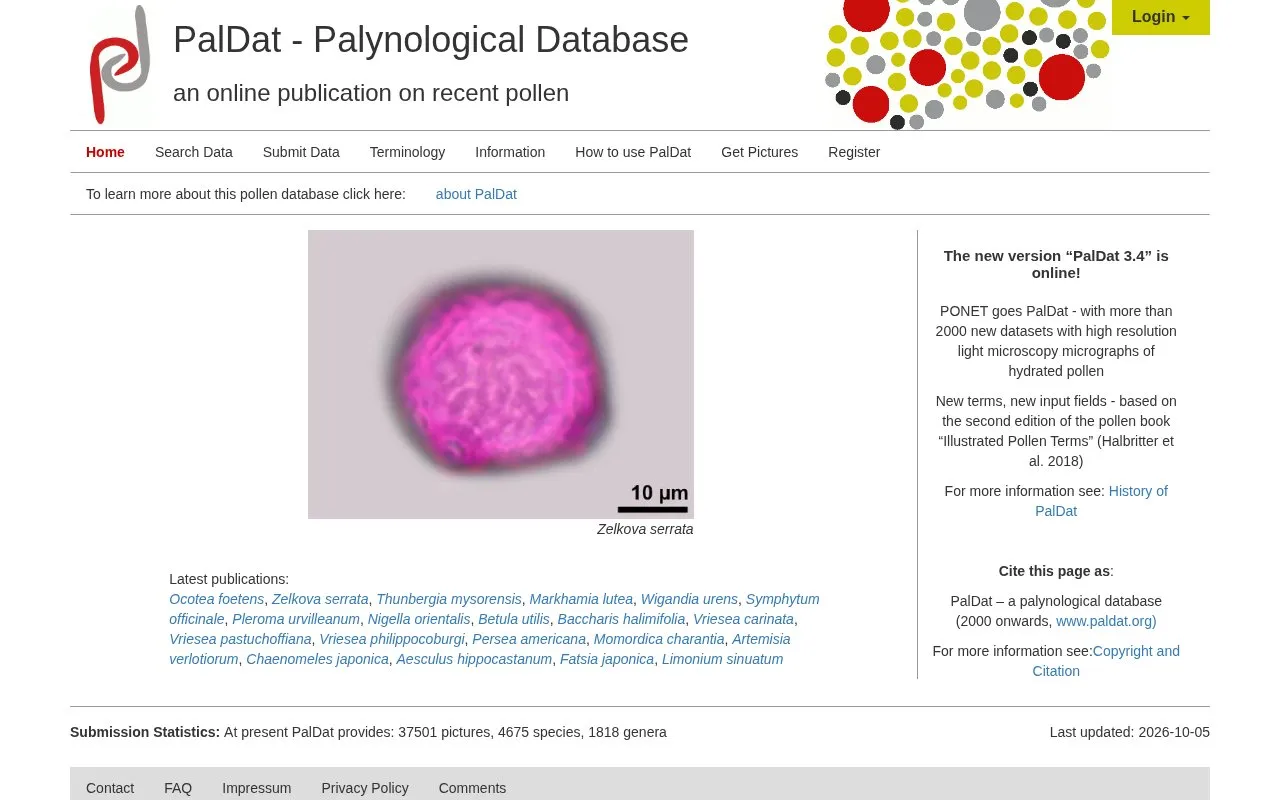 Palynological Database homepage screenshot