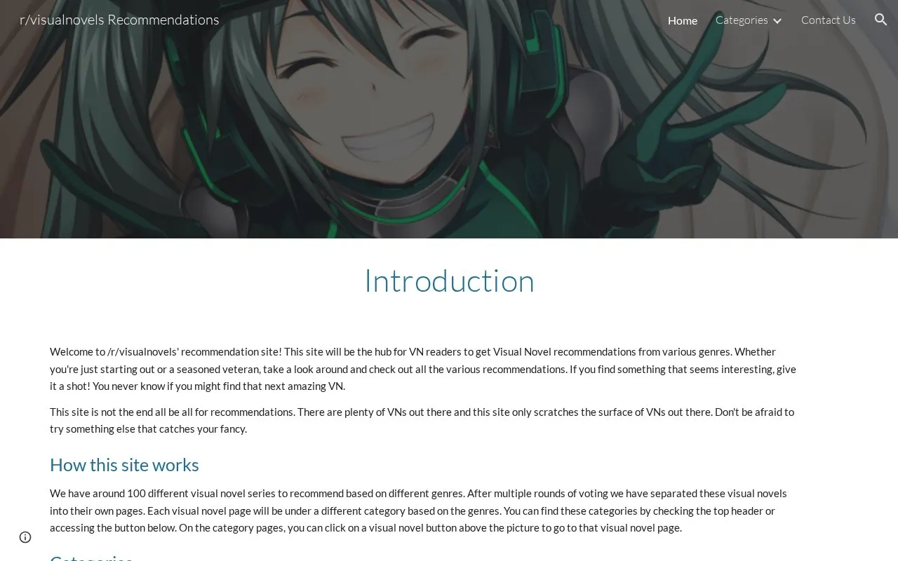 r/VisualNovel Recs homepage screenshot