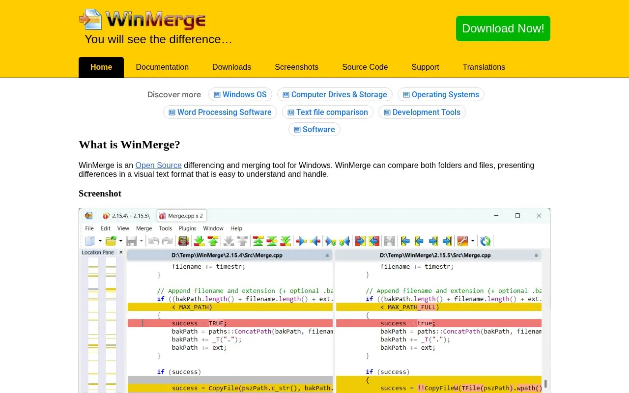 WinMerge homepage screenshot