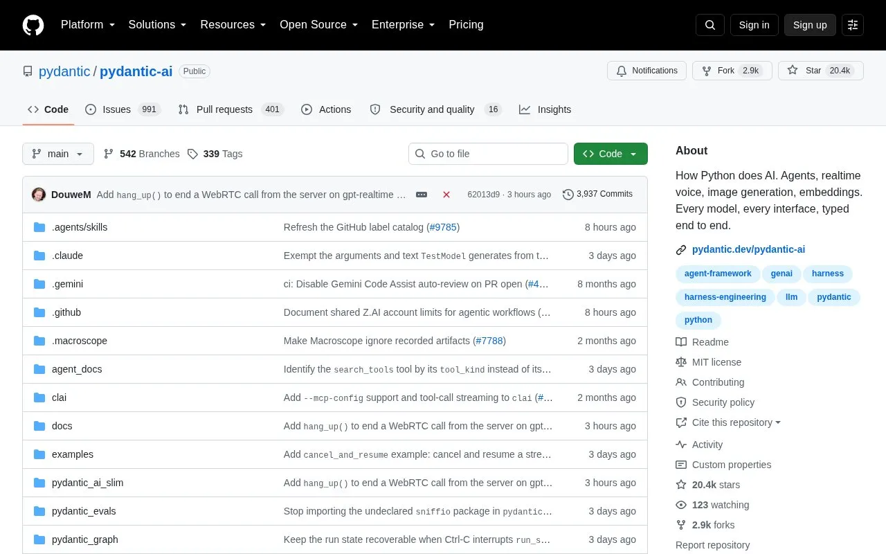 pydantic/pydantic-ai homepage screenshot