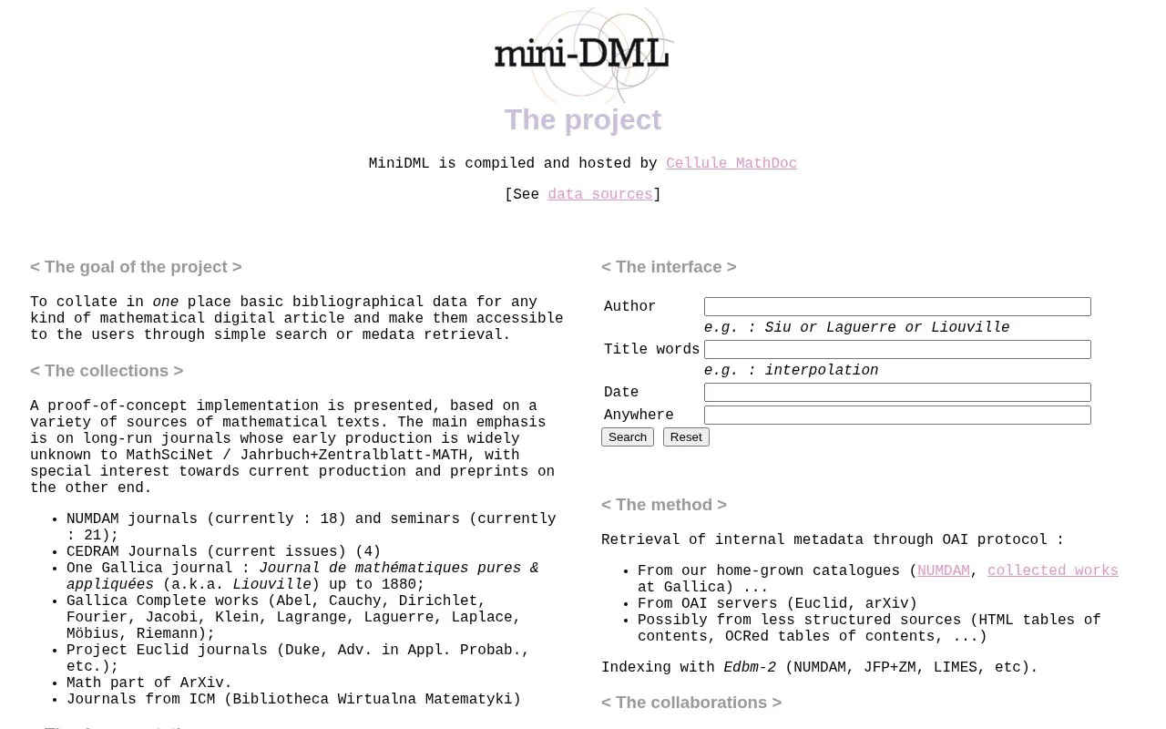 MiniDML homepage screenshot