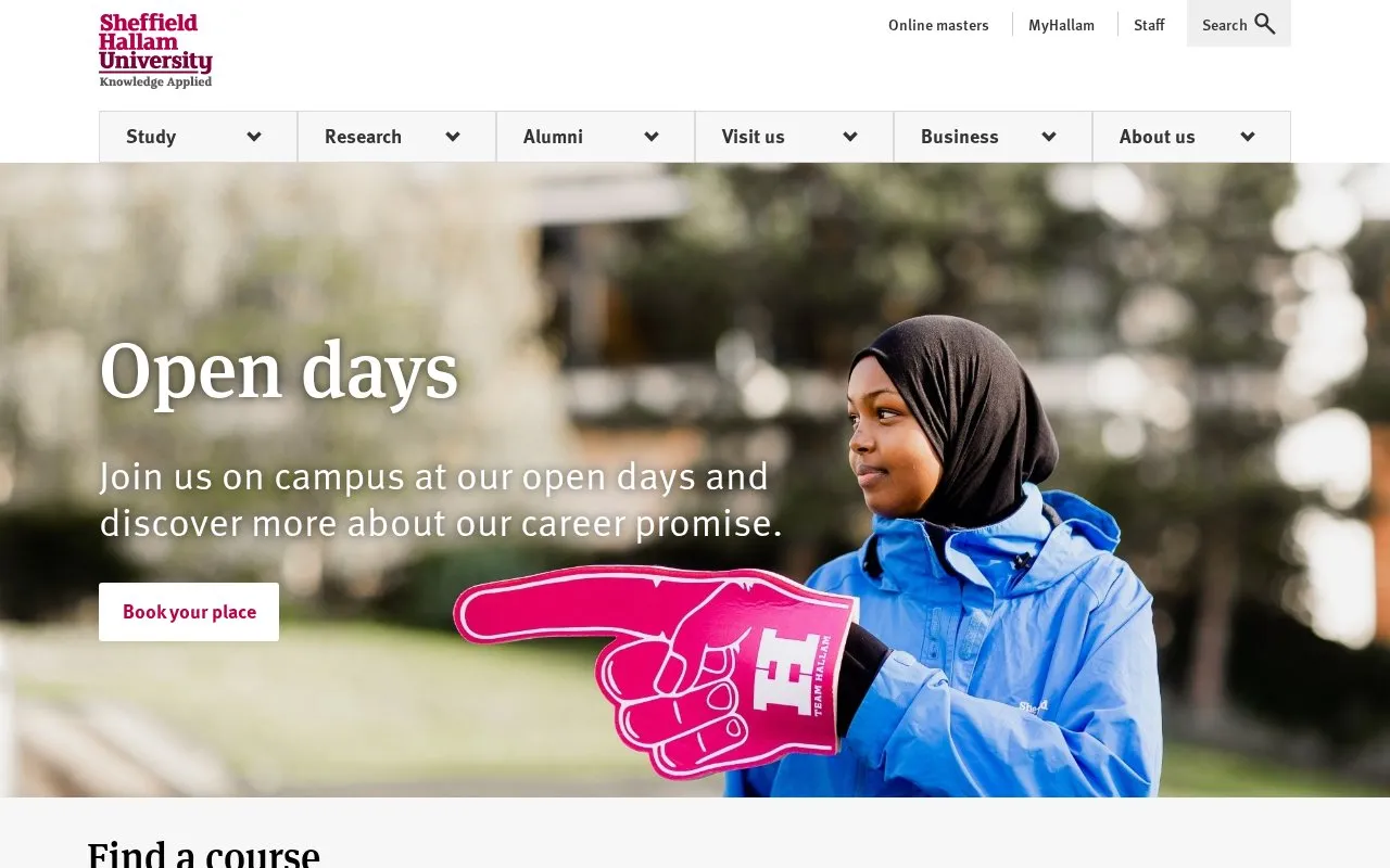 Sheffield Hallam University homepage screenshot