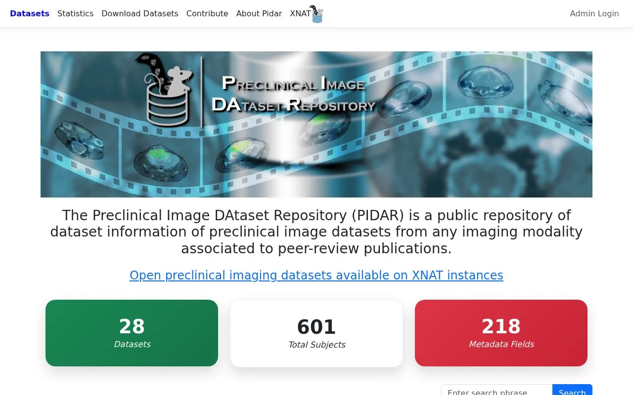 Preclinical Image DAtaset Repository homepage screenshot