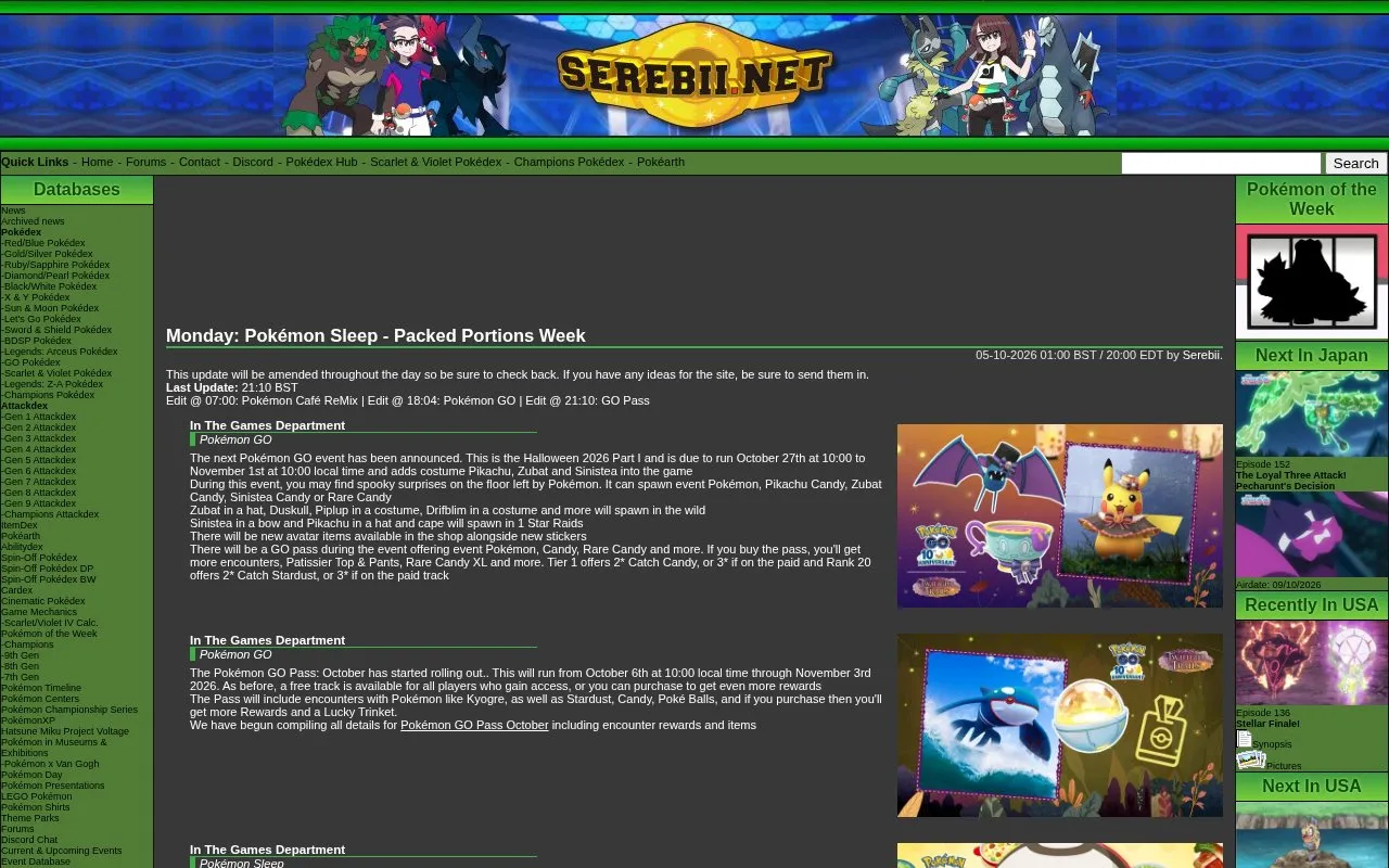 Serebii.net homepage screenshot