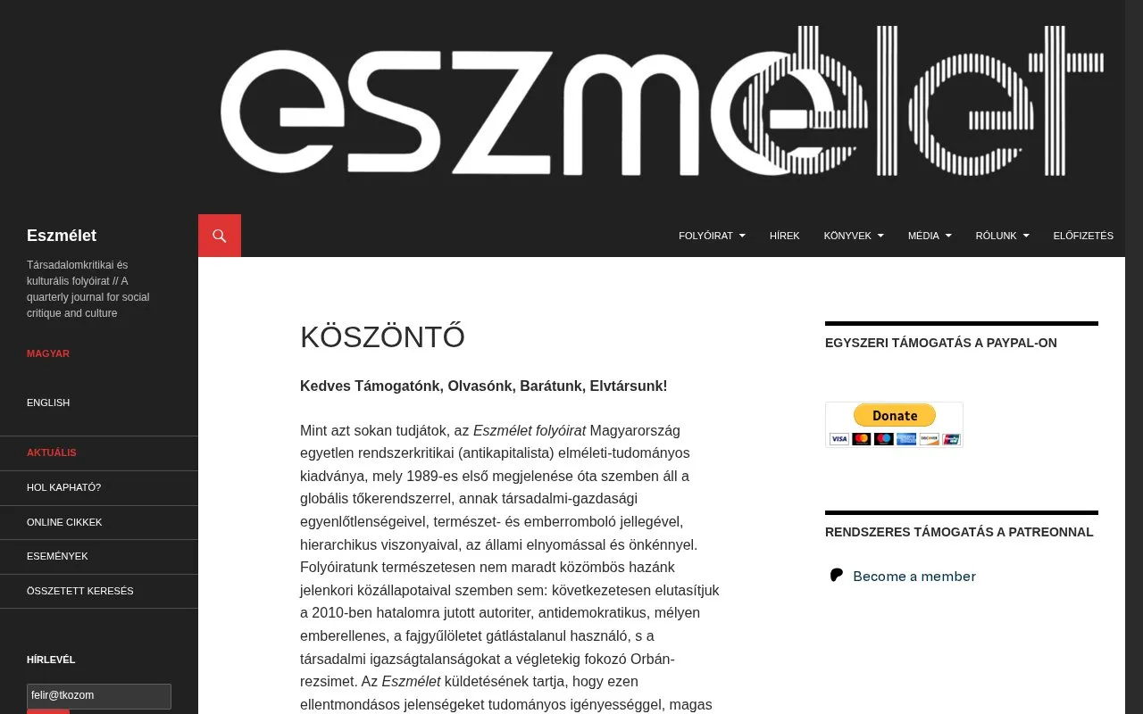 Eszmélet homepage screenshot