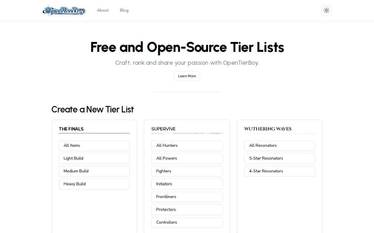 OpenTierBoy homepage screenshot