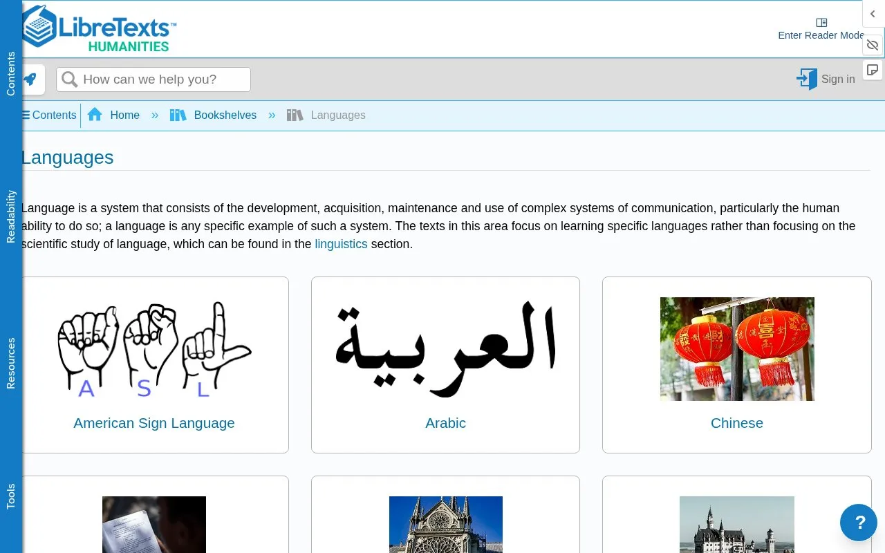 LibreTexts Languages homepage screenshot