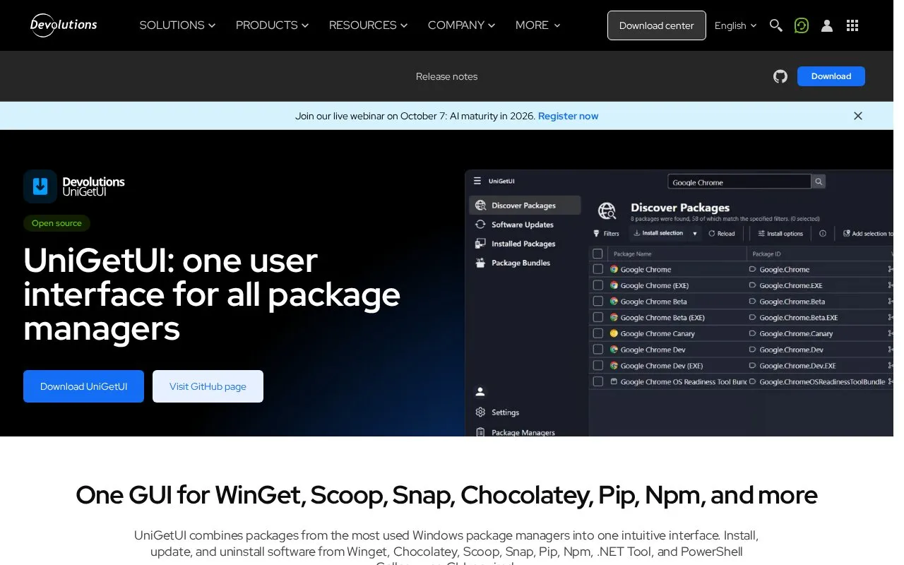 UniGetUI homepage screenshot