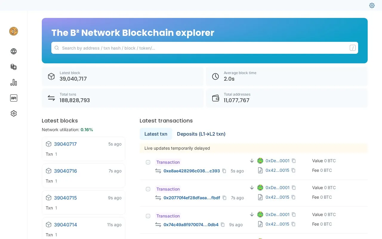 B2 Mainnet — blockscout homepage screenshot