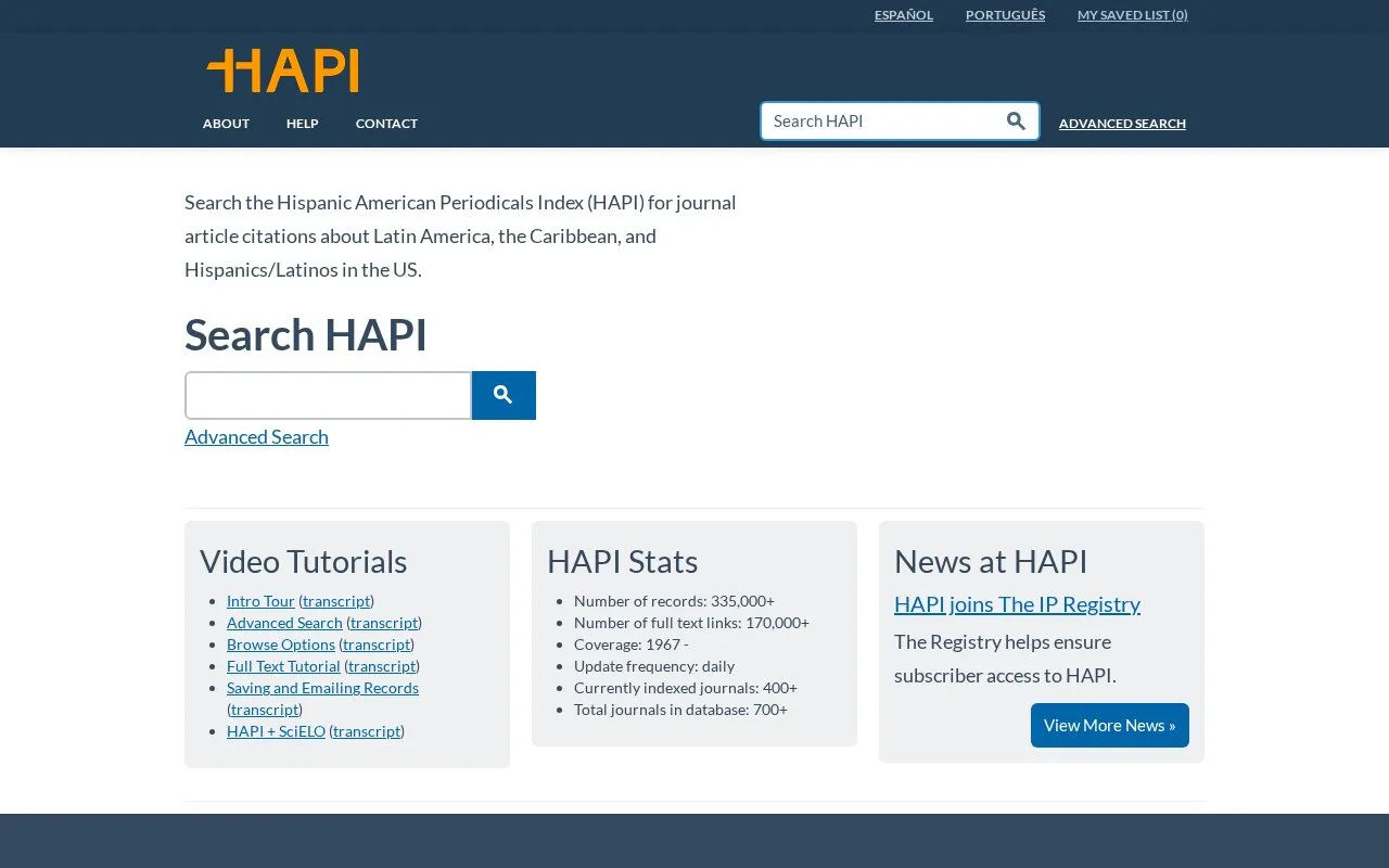 HAPI. Hispanic American Periodicals Index homepage screenshot