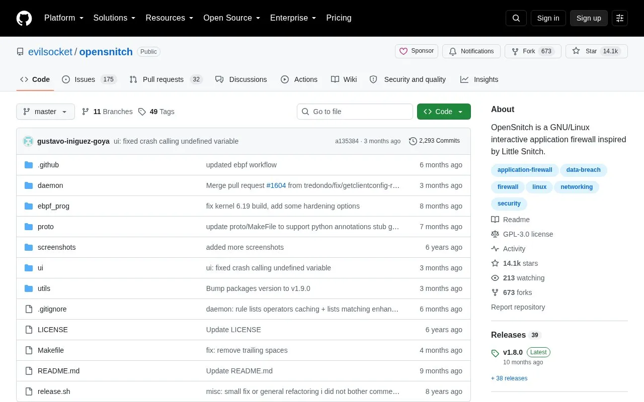 OpenSnitch homepage screenshot