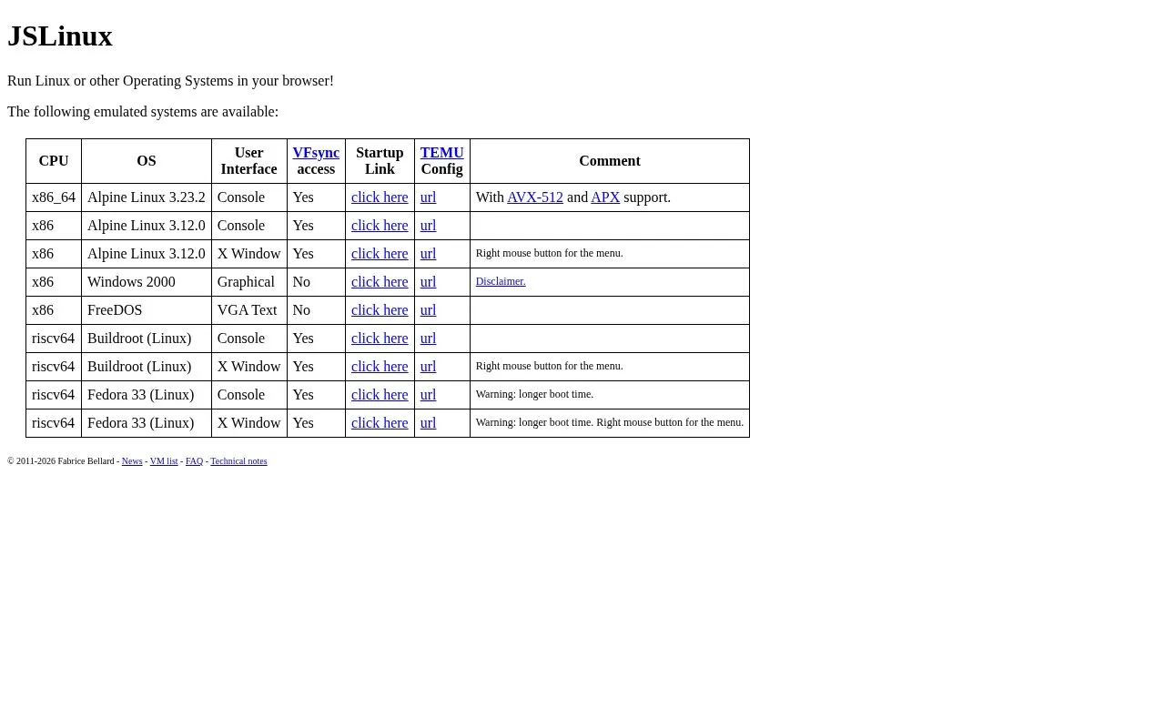 JSLinux homepage screenshot