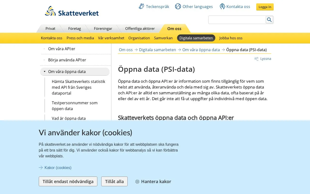 open data of the Swedish Tax Agency homepage screenshot