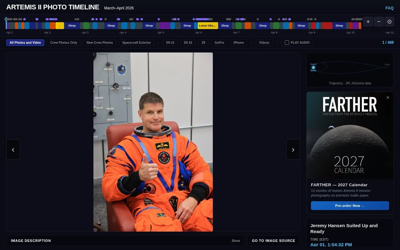 Artemis II Photo Timeline homepage screenshot