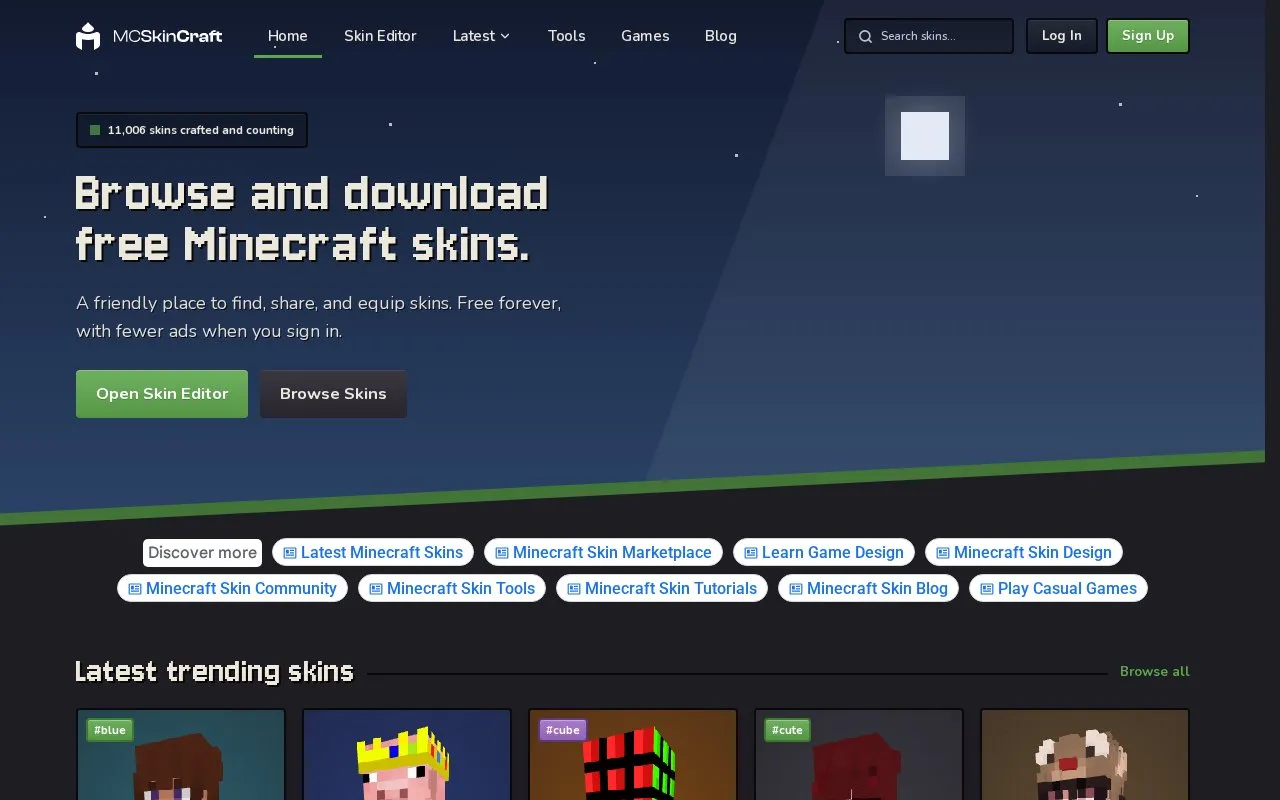 mcskincraft homepage screenshot