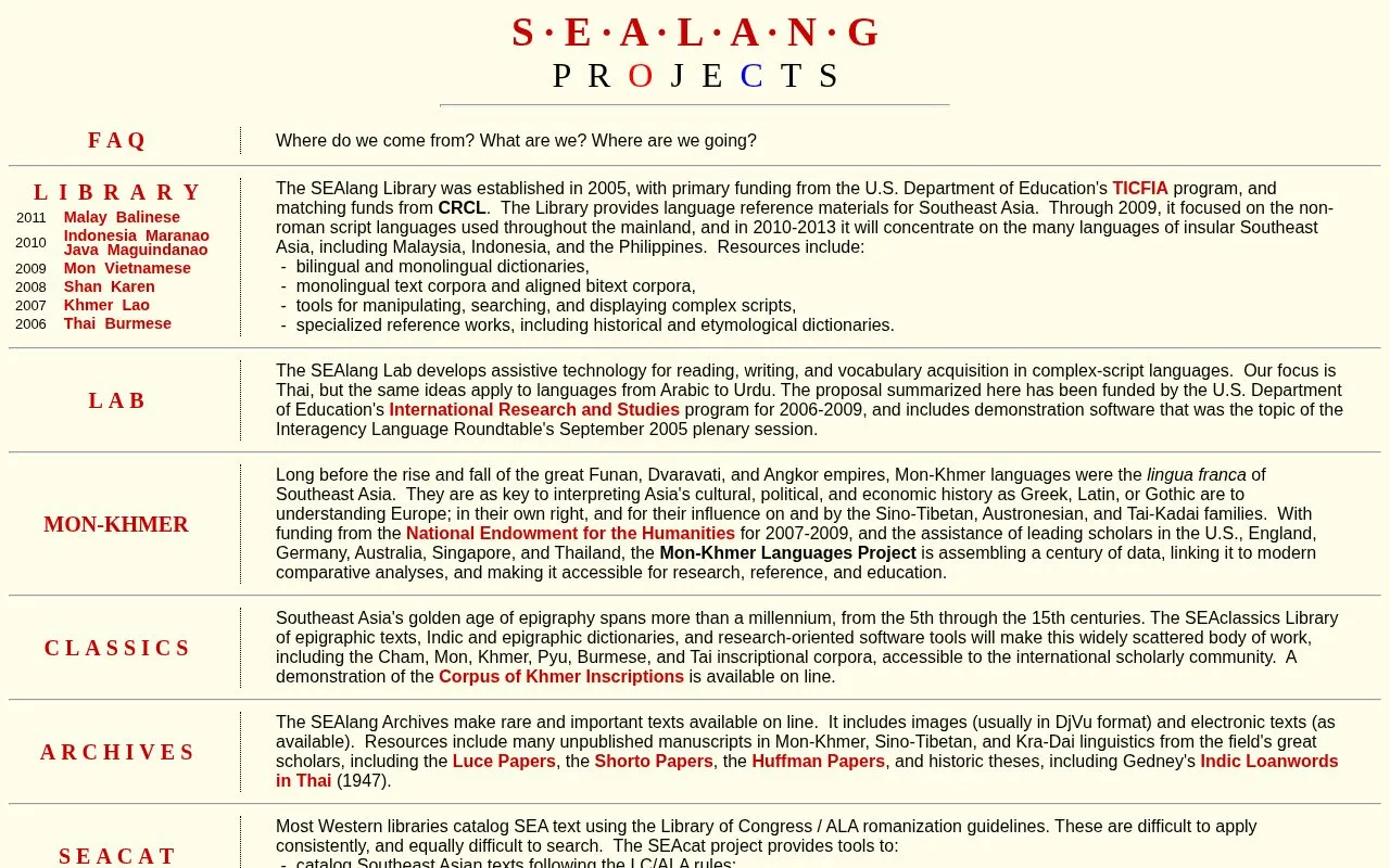 SEAlang homepage screenshot