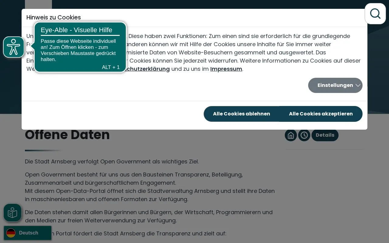 Stadt Arnsberg open data homepage screenshot