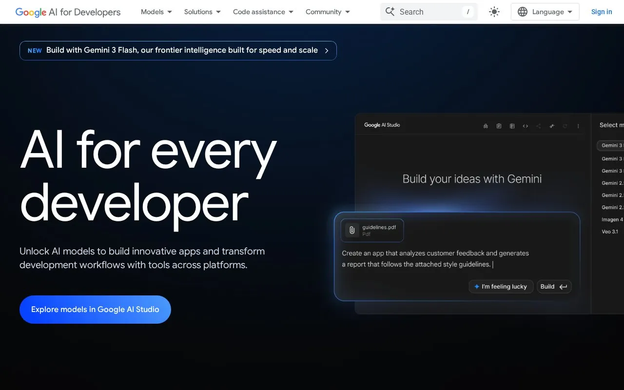 Google AI for Developers homepage screenshot