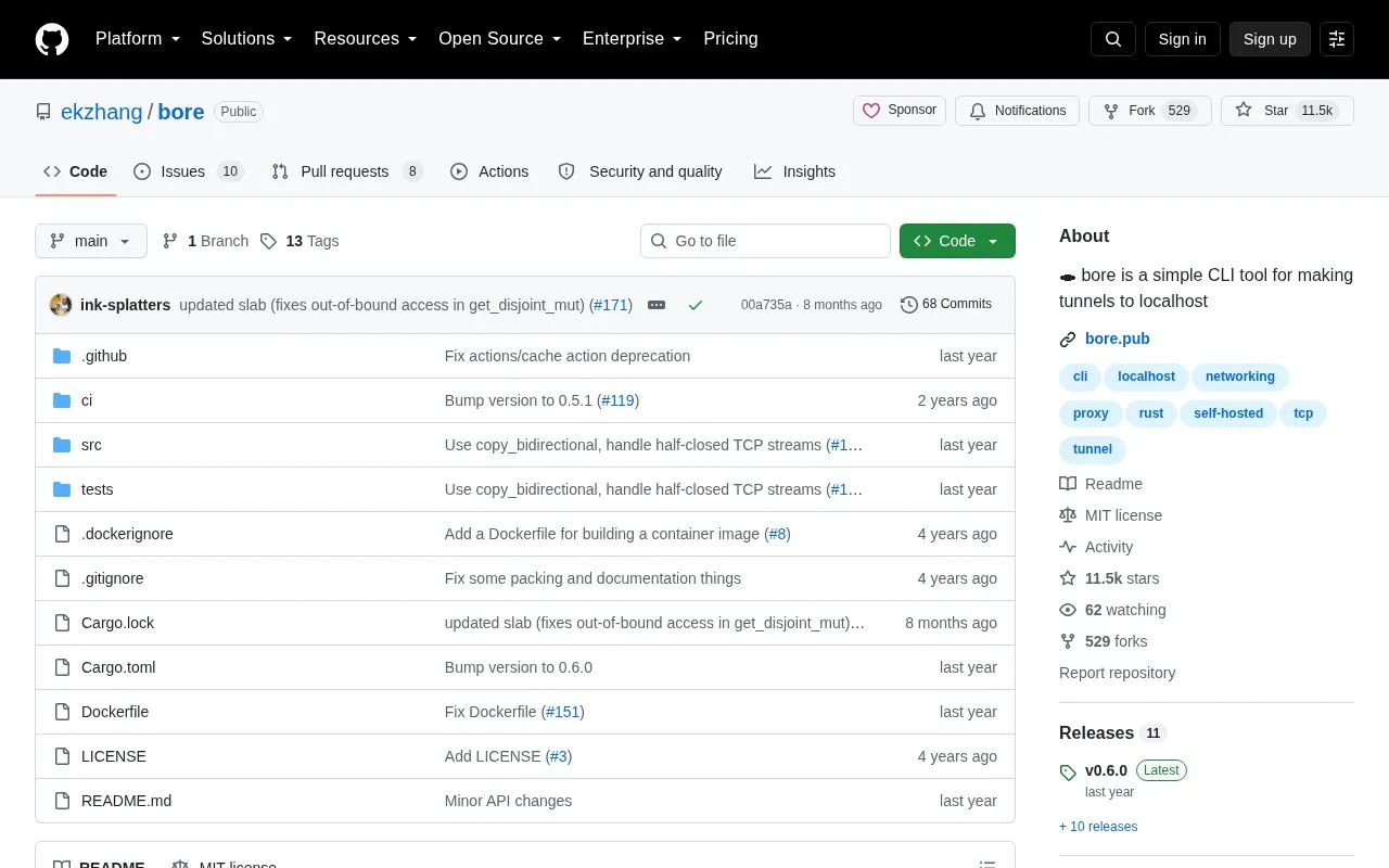 Bore homepage screenshot